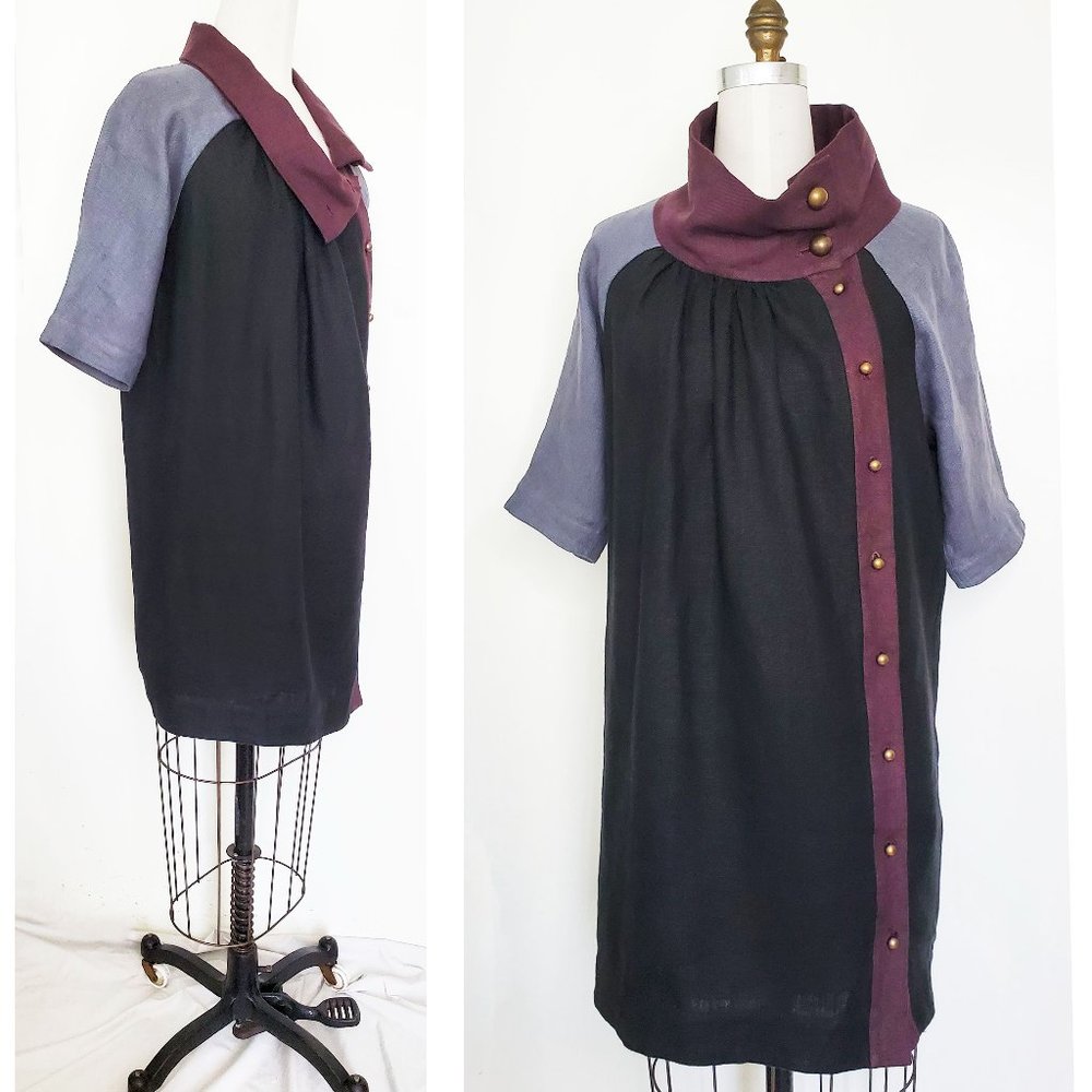 THREAD Social Womens 100% Linen Colorblock Dress Black Grey Burgundy 0